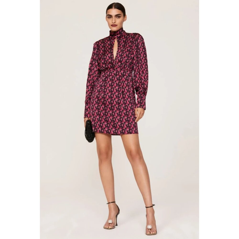 Ronny Kobo Satin Printed Keyhole Mini Dress Size 10 | Designer Cocktail Style